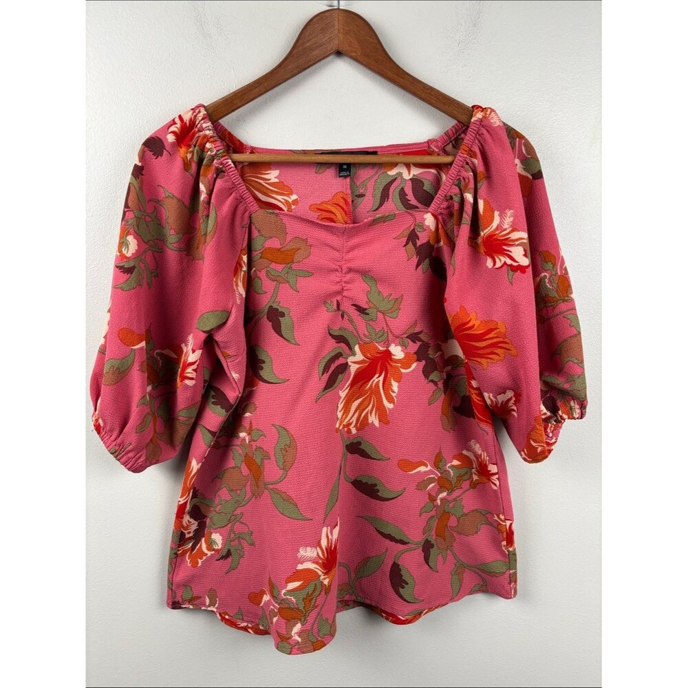 Harve Benard Pink coral Floral Square-Neck Puff-Sleeve Blouse - Women’s medium